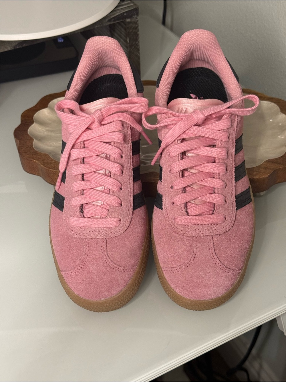 Adidas Pink Suede Gazelle ADV Sneakers with Black Stripes and Gum Sole